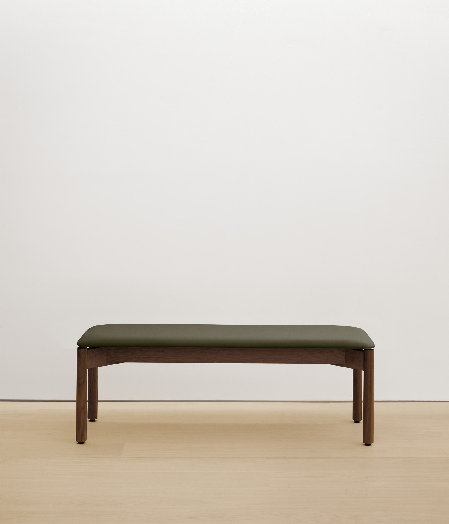  walnut bench with forest color upholstered seat