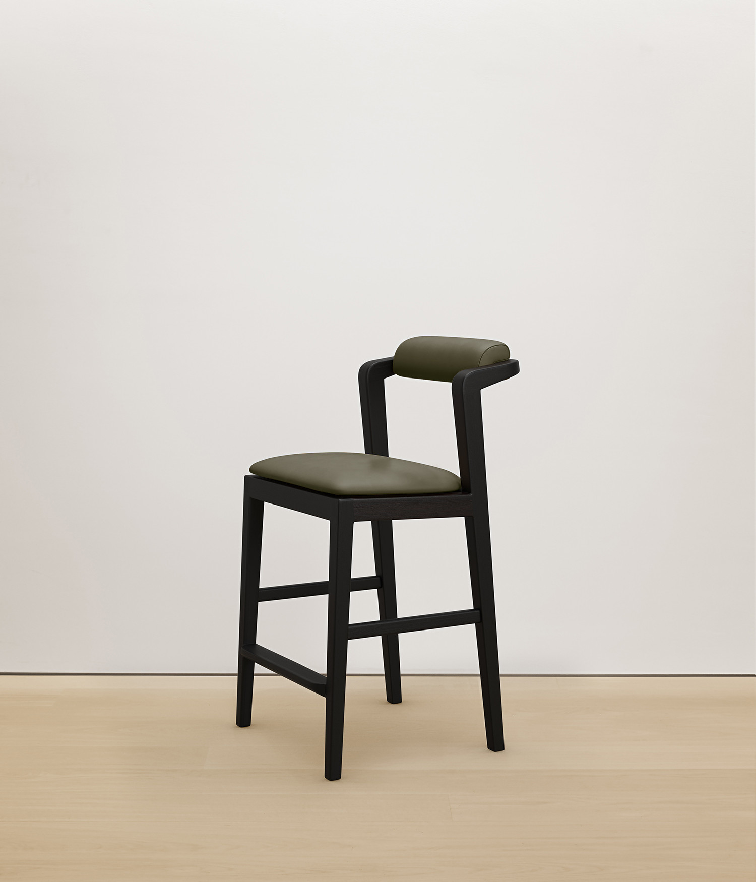  black-stained-oak stool with forest color upholstered seat