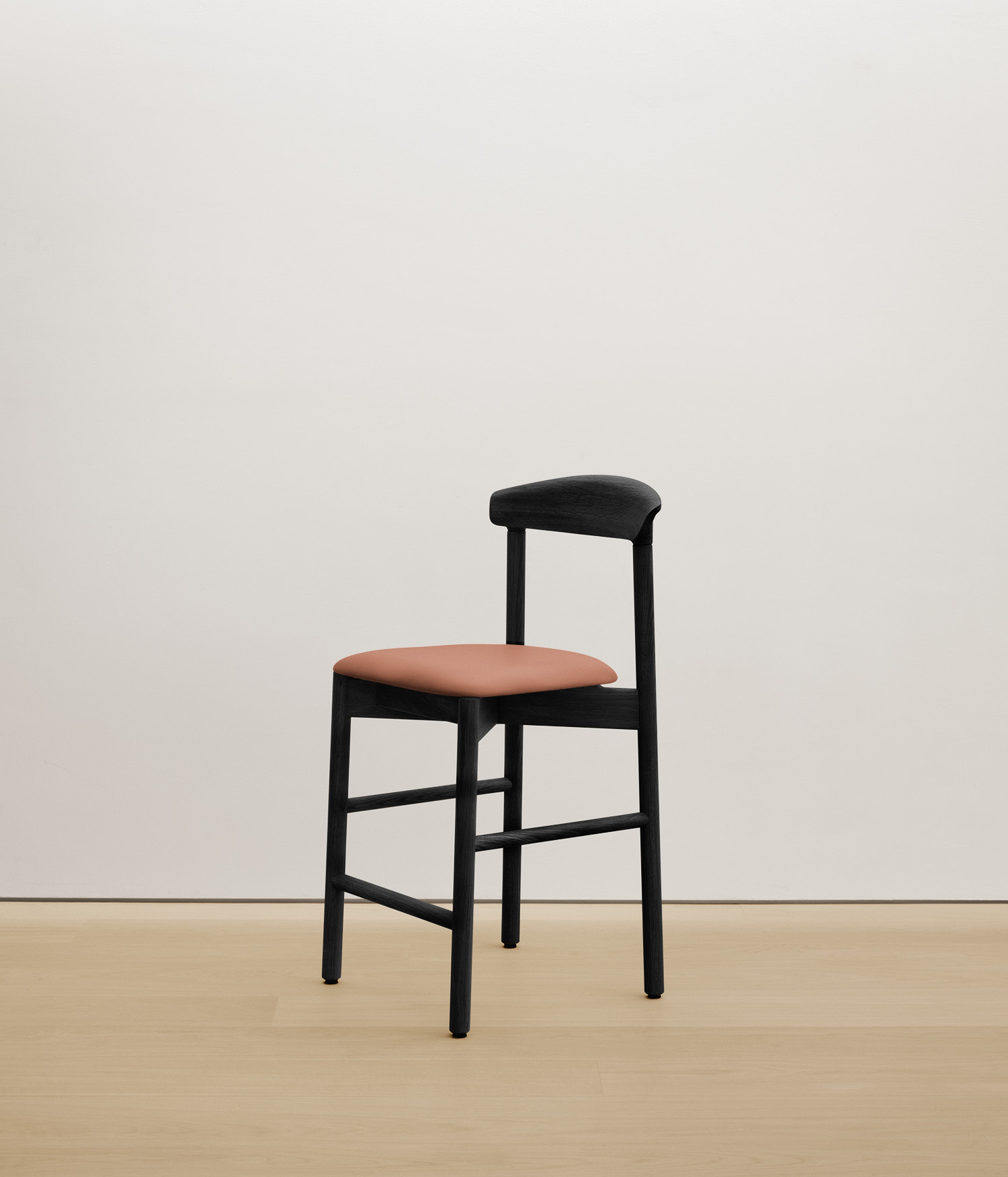  black-stained-oak stool with clay color upholstered seat