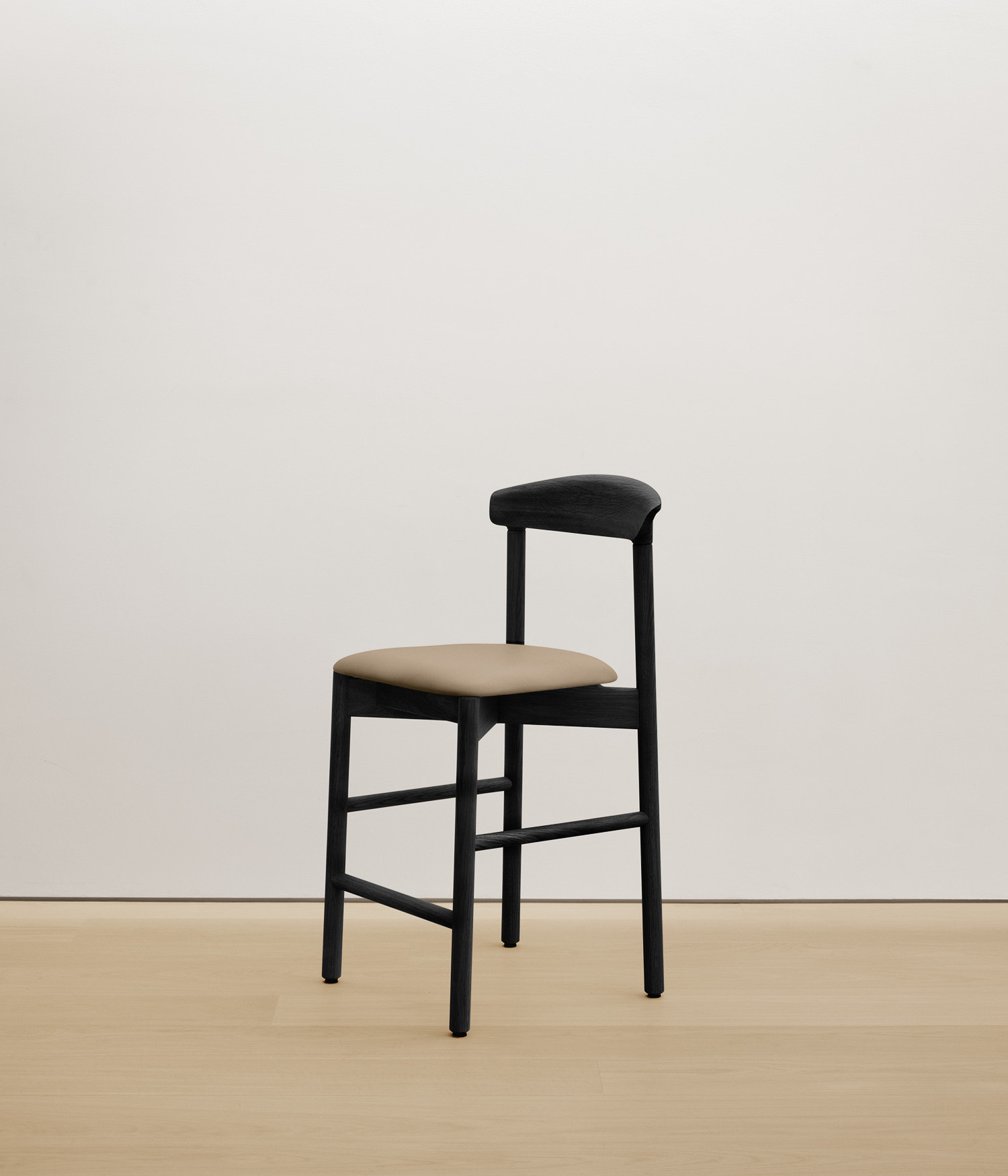  black-stained-oak stool with cream color upholstered seat 